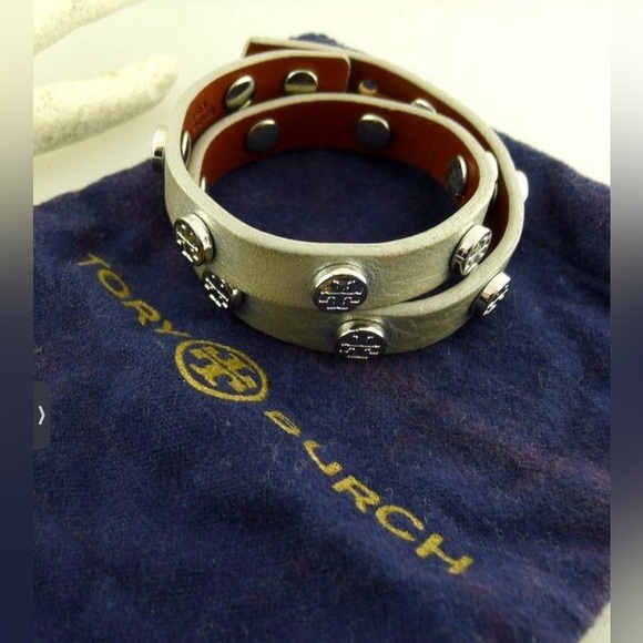 Tory Burch Jewelry - Tory Burch Leather Logo Double Wrap Bracelet Silver